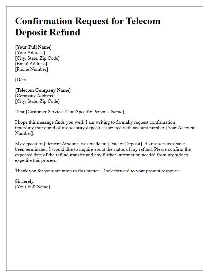 Letter template of confirmation request for telecom deposit refund.