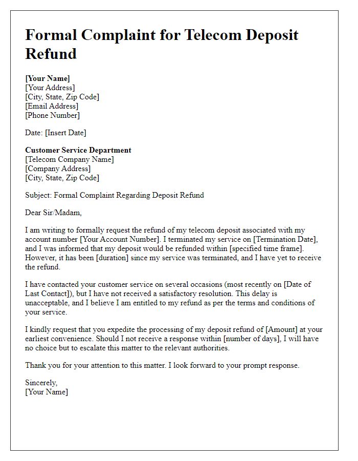 Letter template of formal complaint for telecom deposit refund.