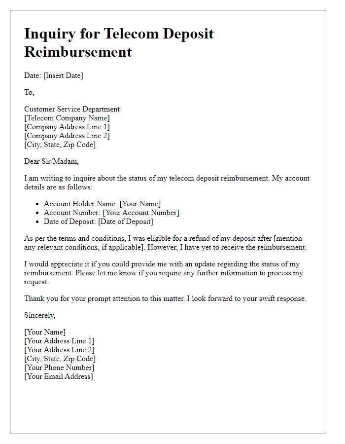 Letter template of inquiry for telecom deposit reimbursement.