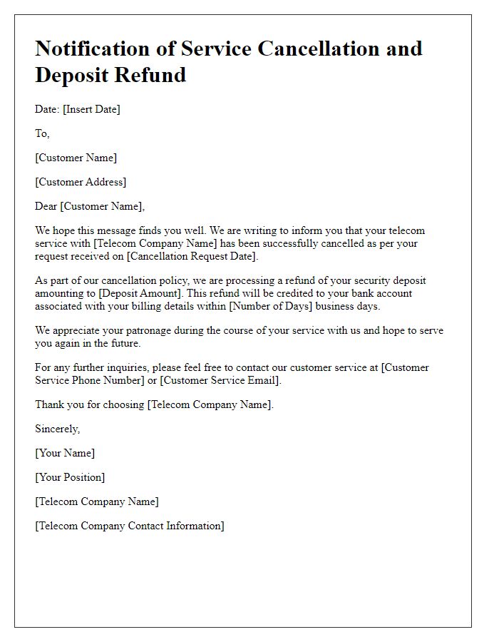 Letter template of notification for telecom service cancellation and deposit refund.