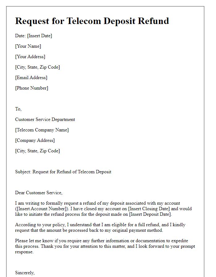 Letter template of request for telecom deposit refund.