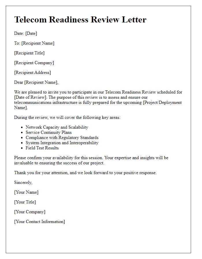 Letter template of telecom readiness review