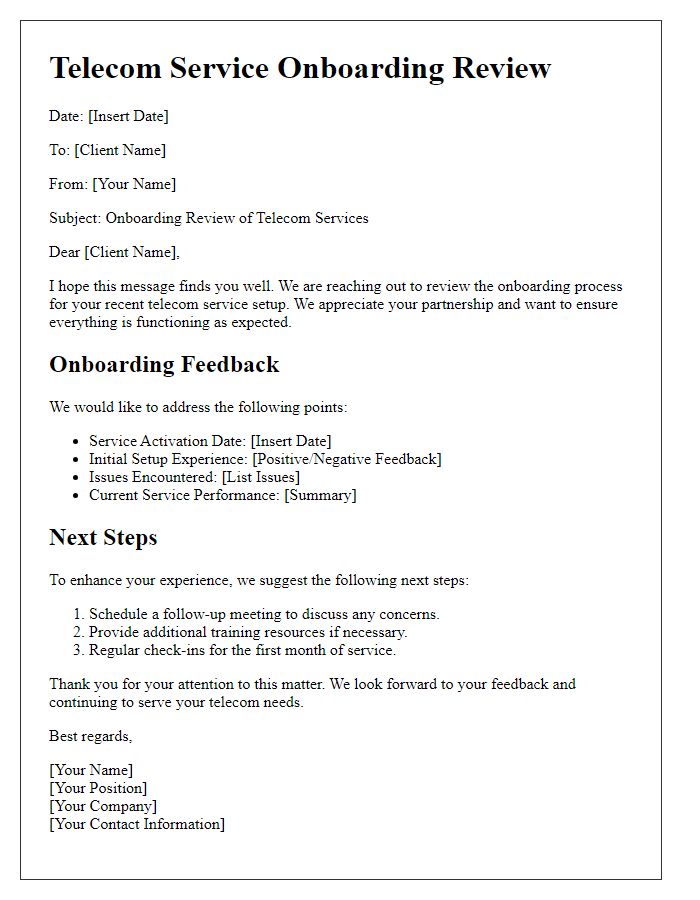 Letter template of telecom service onboarding review