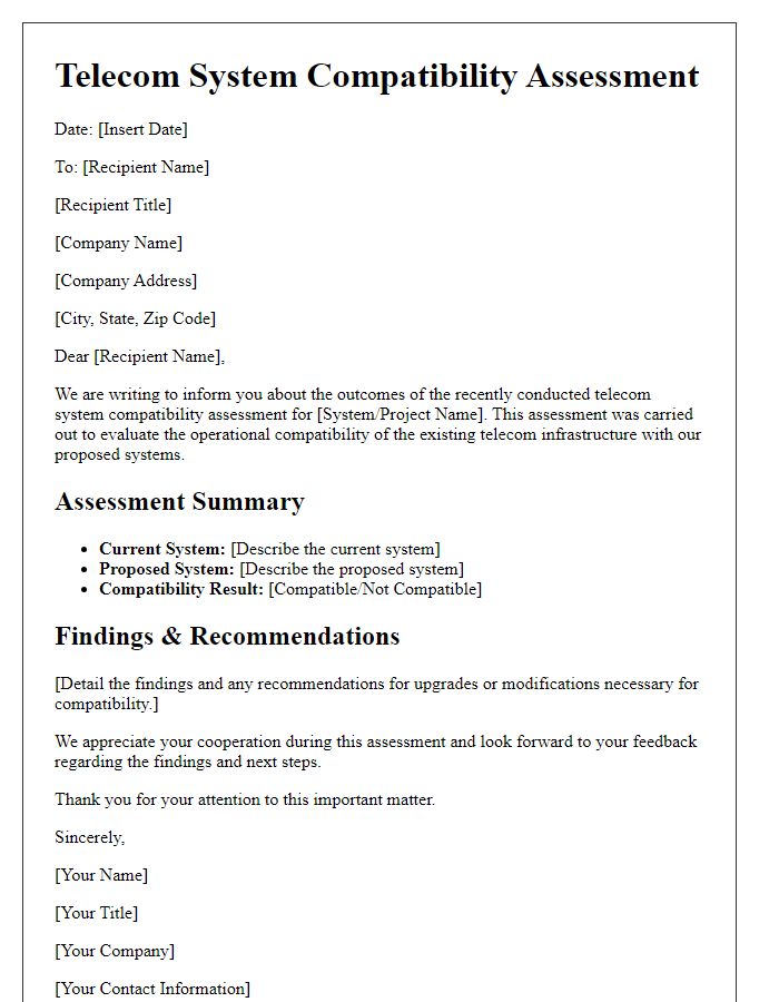 Letter template of telecom system compatibility assessment