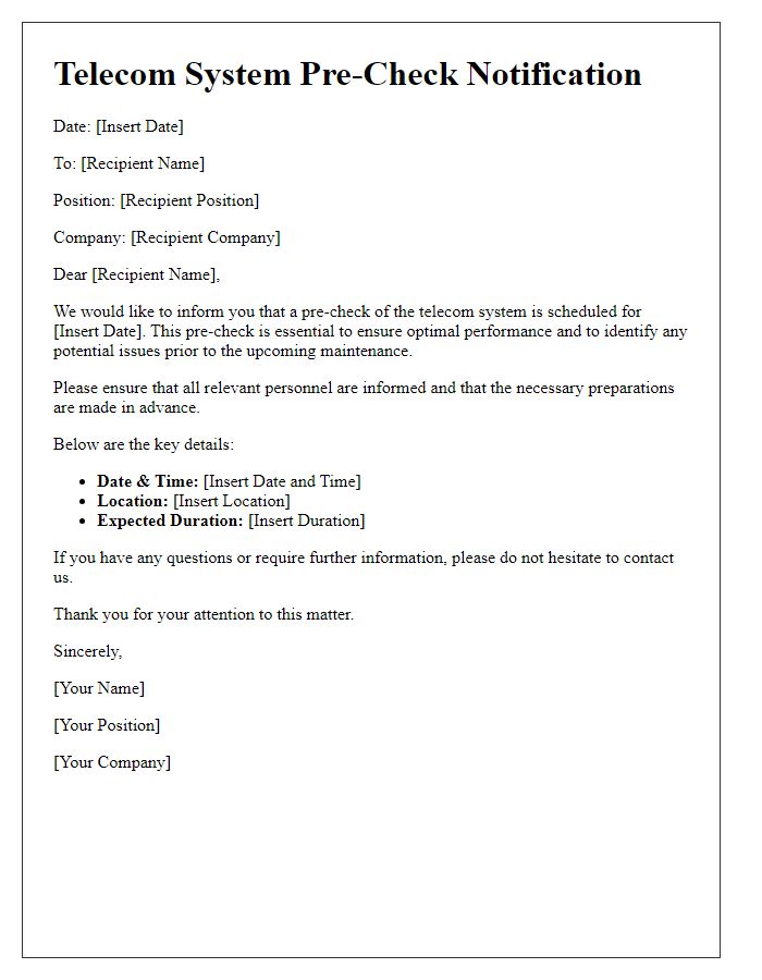 Letter template of telecom system pre-check