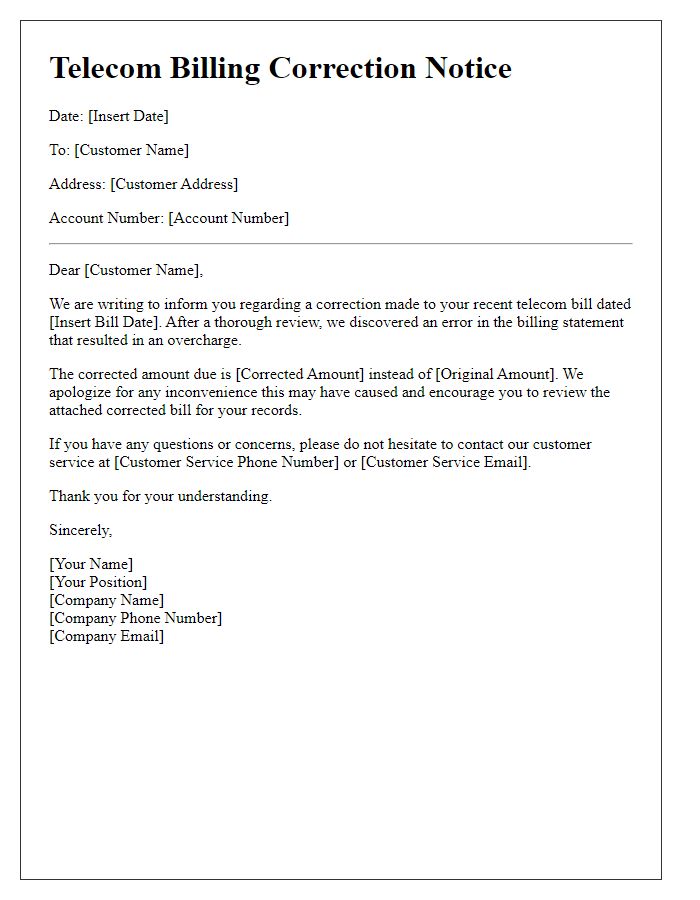 Letter template of Telecom Billing Correction Notice