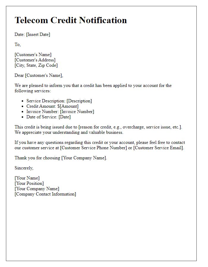 Letter template of Telecom Credit Notification for Services