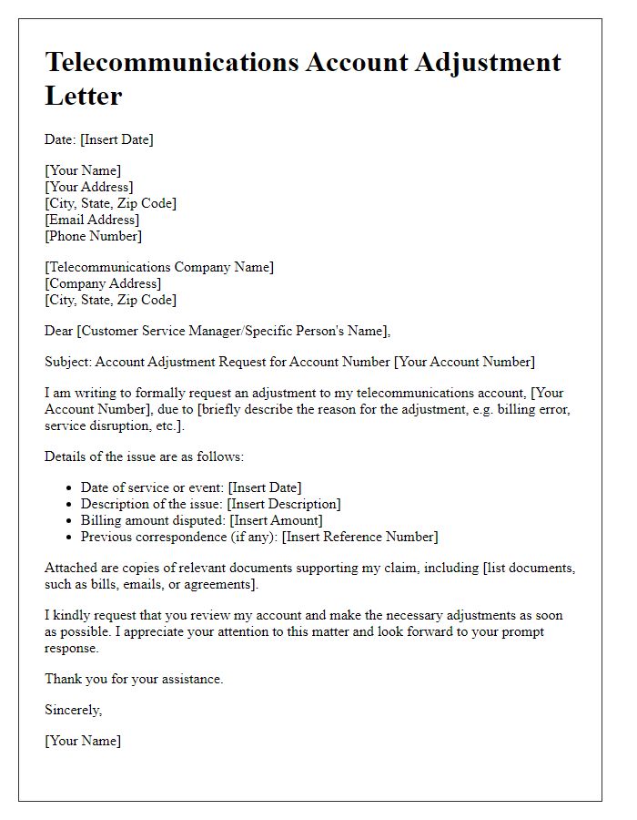 Letter template of Telecommunications Account Adjustment Letter