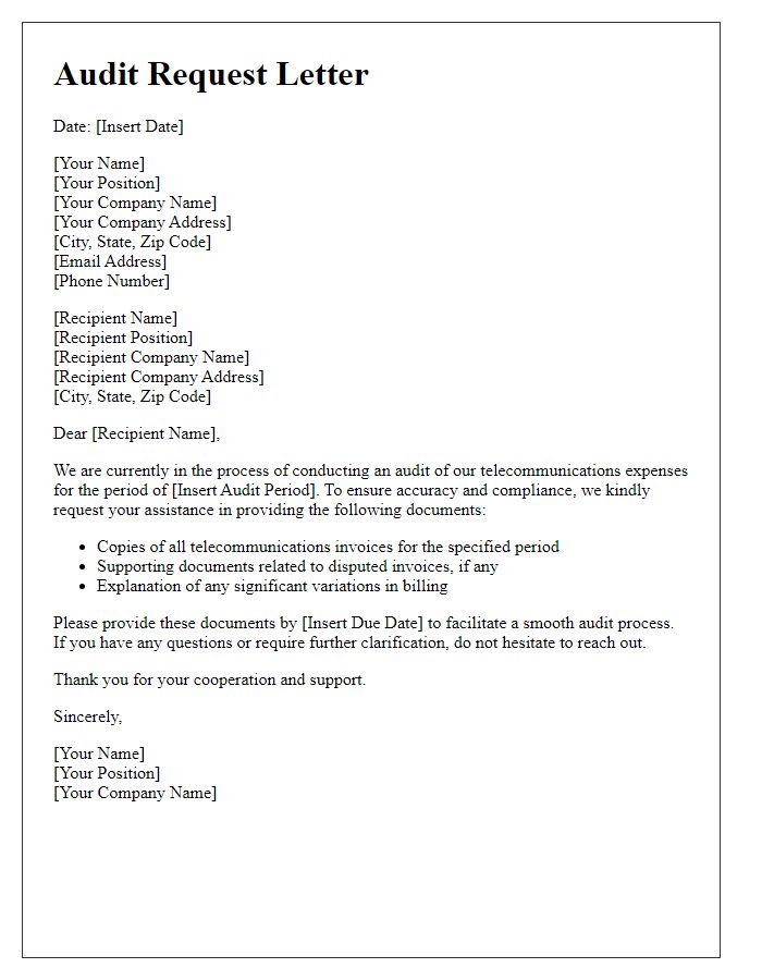 Letter template of audit request for telecommunications invoices