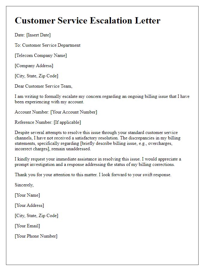 Letter template of customer service escalation for telecom billing