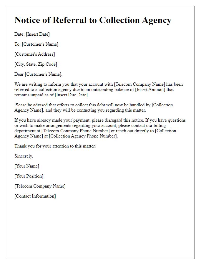 Letter template of notice for telecom collection agency referral