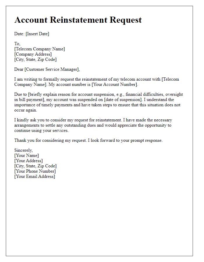 Letter template of telecom account reinstatement request