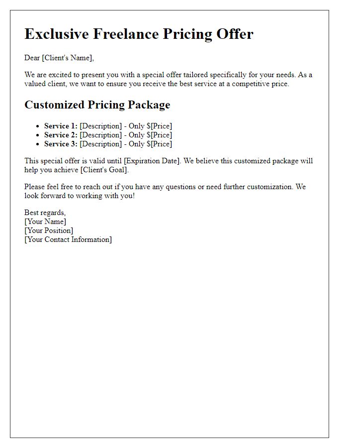 Letter template of customized freelance pricing special offer