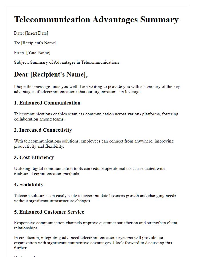 Letter template of telecom advantages summary