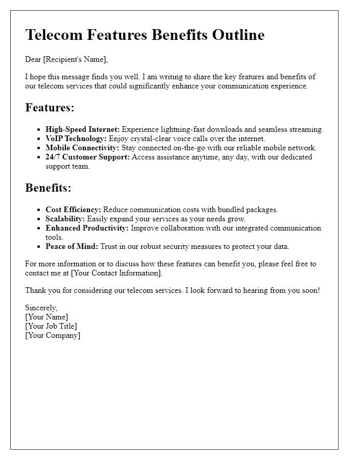 Letter template of telecom features benefits outline