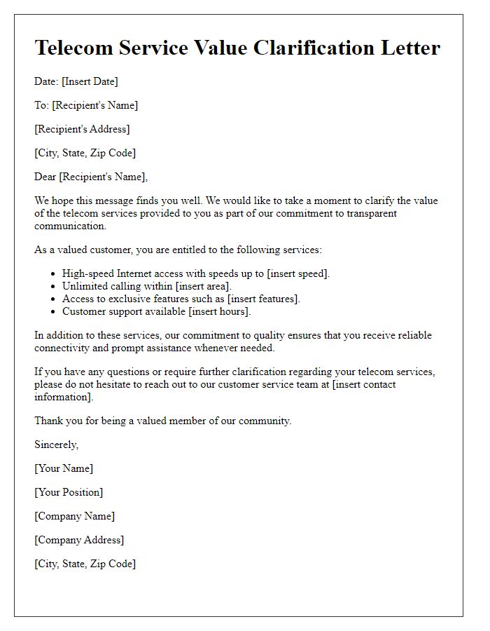 Letter template of telecom service value clarification