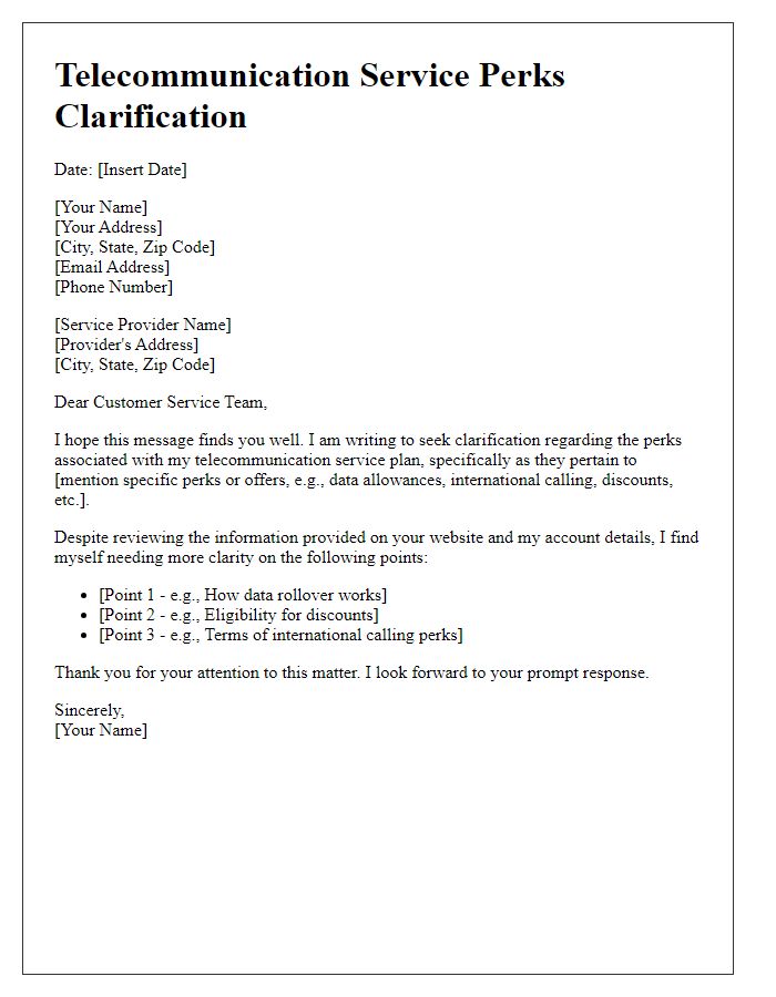 Letter template of telecommunication service perks clarification