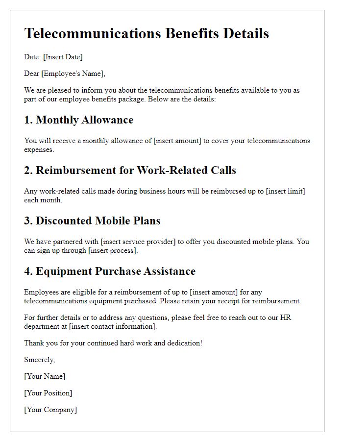 Letter template of telecommunications benefits details