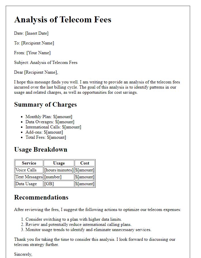 Letter template of analysis of telecom fees.