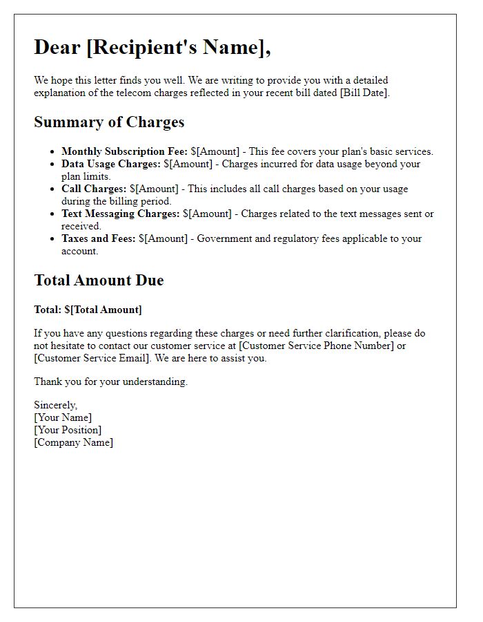 Letter template of detailed explanation of telecom charges.