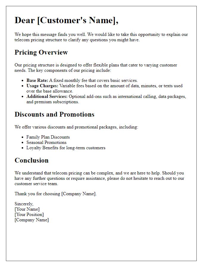 Letter template of explanation for telecom pricing structure.