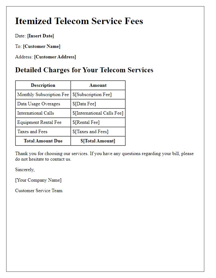 Letter template of itemized telecom service fees.