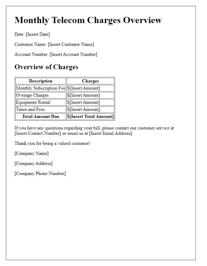 Letter template of monthly telecom charges overview.