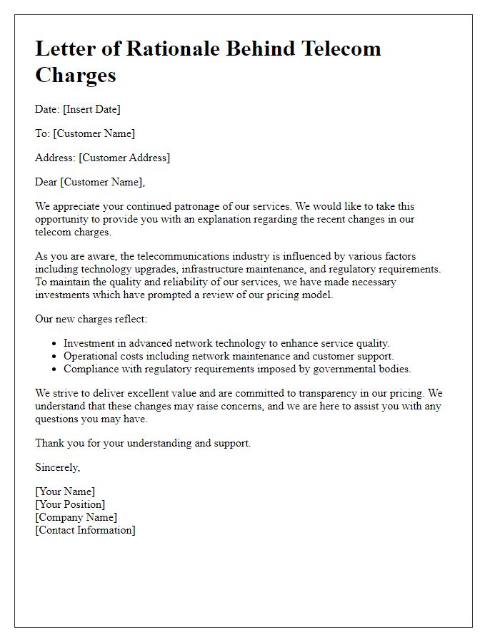 Letter template of rationale behind telecom charges.