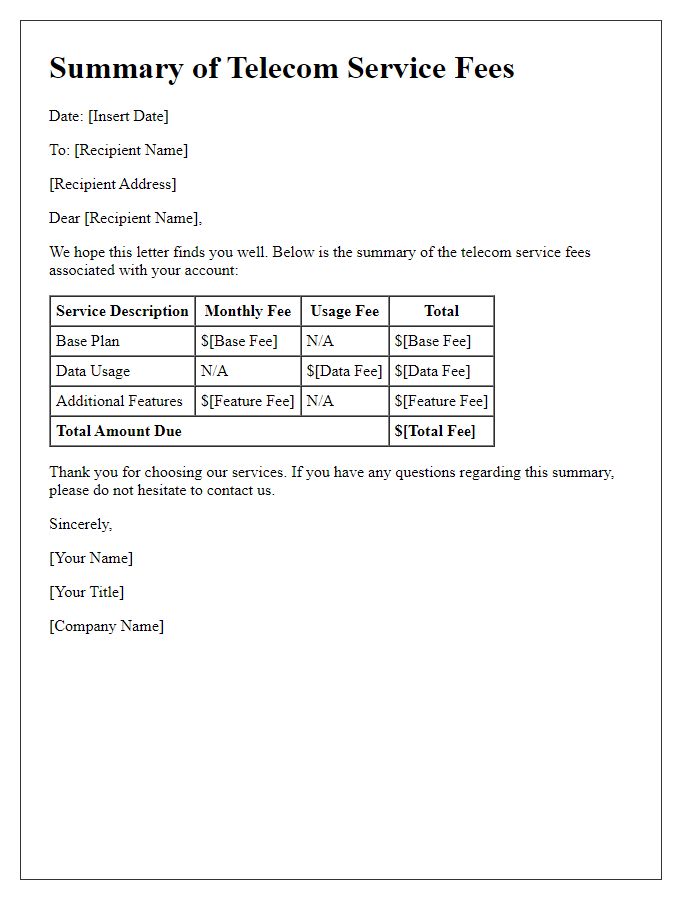 Letter template of summary of telecom service fees.