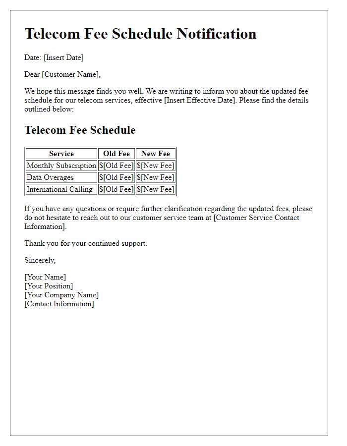 Letter template of telecom fee schedule revelation.