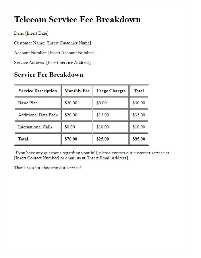 Letter template of telecom service fee breakdown.