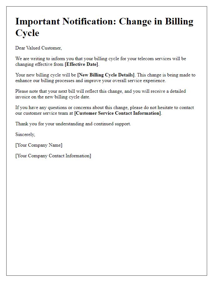 Letter template of telecom billing cycle change notification