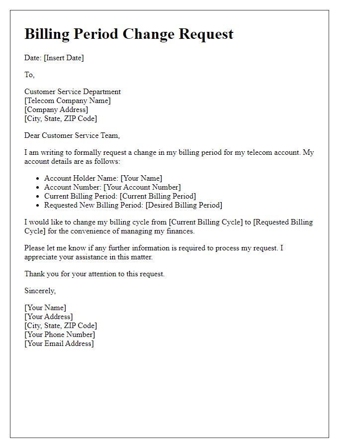 Letter template of telecom billing period change request