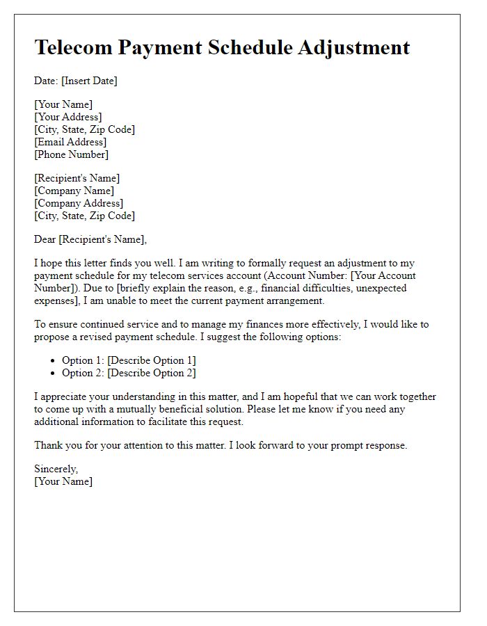 Letter template of telecom payment schedule adjustment