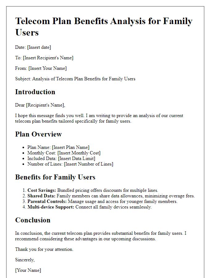 Letter template of telecom plan benefits analysis for family users.