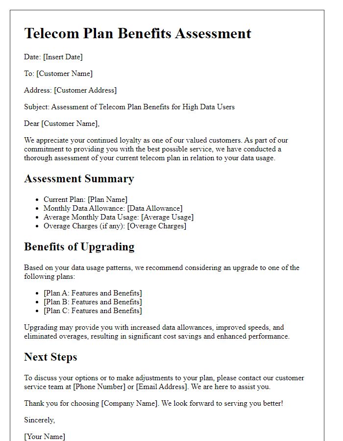 Letter template of telecom plan benefits assessment for high data users.