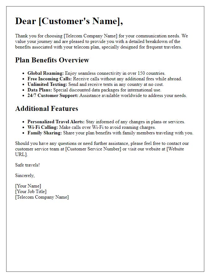 Letter template of telecom plan benefits breakdown for frequent travelers.