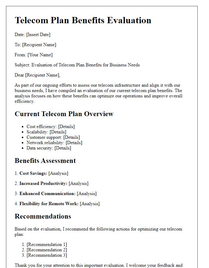 Letter template of telecom plan benefits evaluation for business needs.