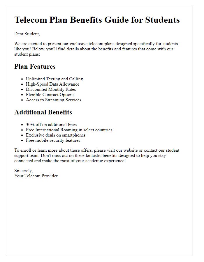 Letter template of telecom plan benefits guide for students.