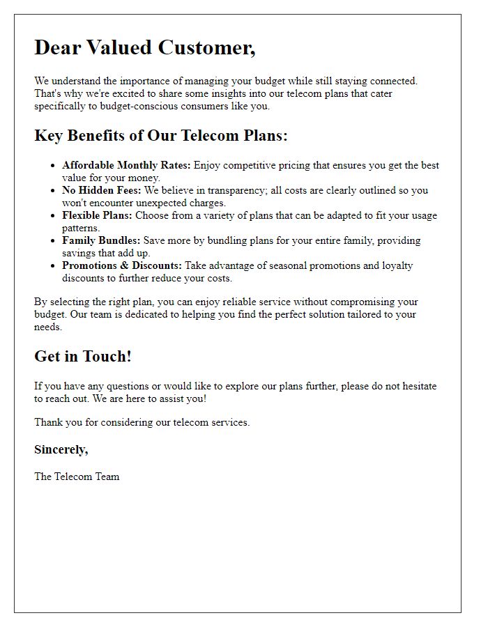 Letter template of telecom plan benefits insight for budget-conscious consumers.