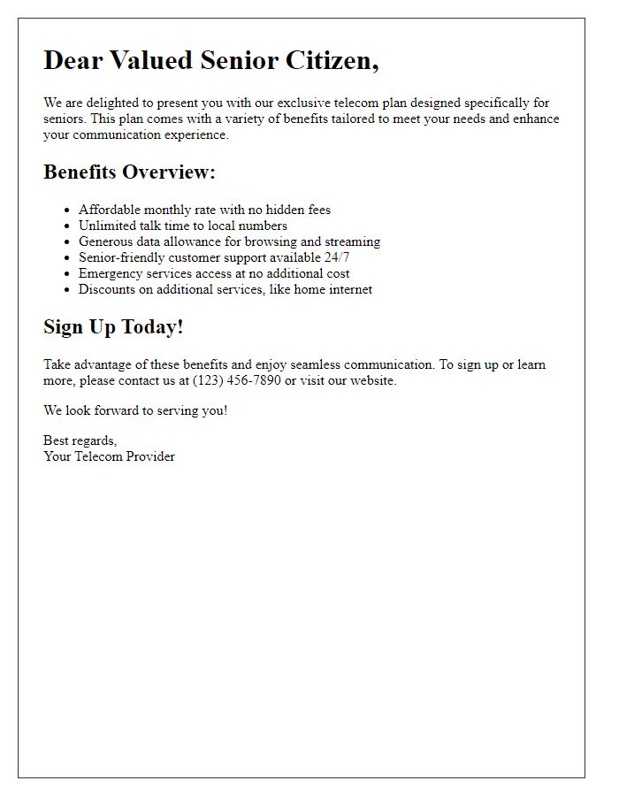 Letter template of telecom plan benefits overview for senior citizens.