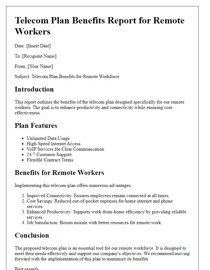 Letter template of telecom plan benefits report for remote workers.