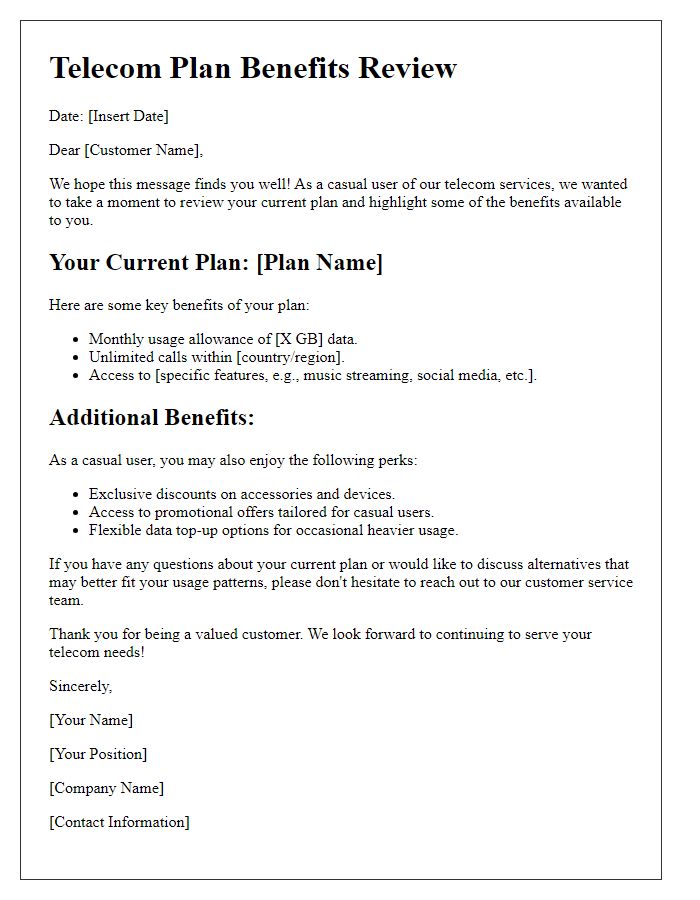 Letter template of telecom plan benefits review for casual users.