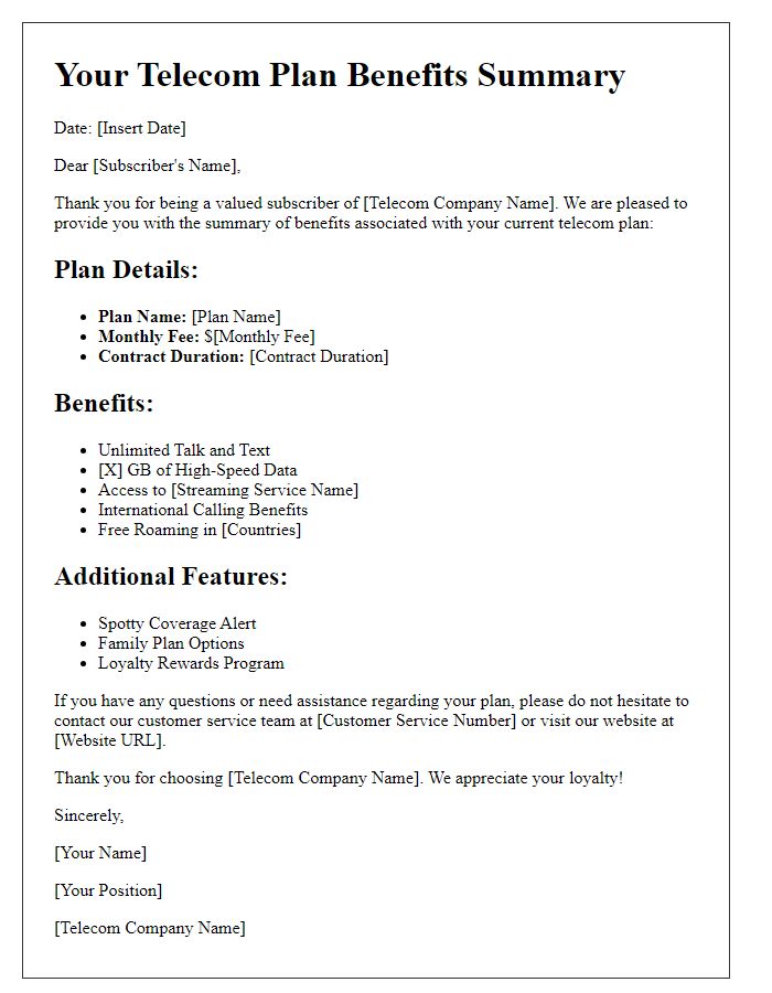 Letter template of telecom plan benefits summary for individual subscribers.