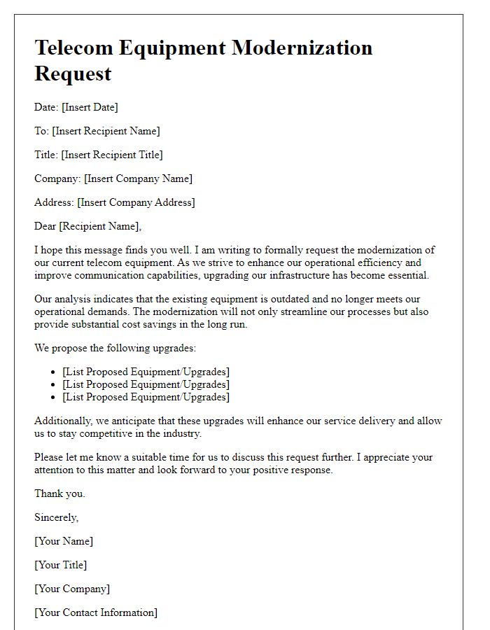 Letter template of telecom equipment modernization request