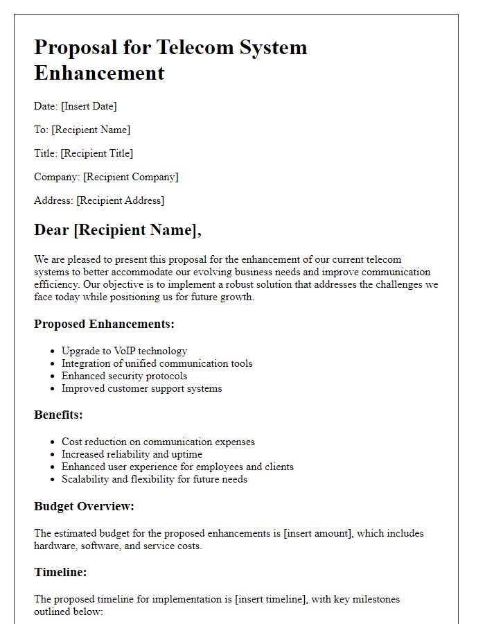 Letter template of telecom system enhancement proposal