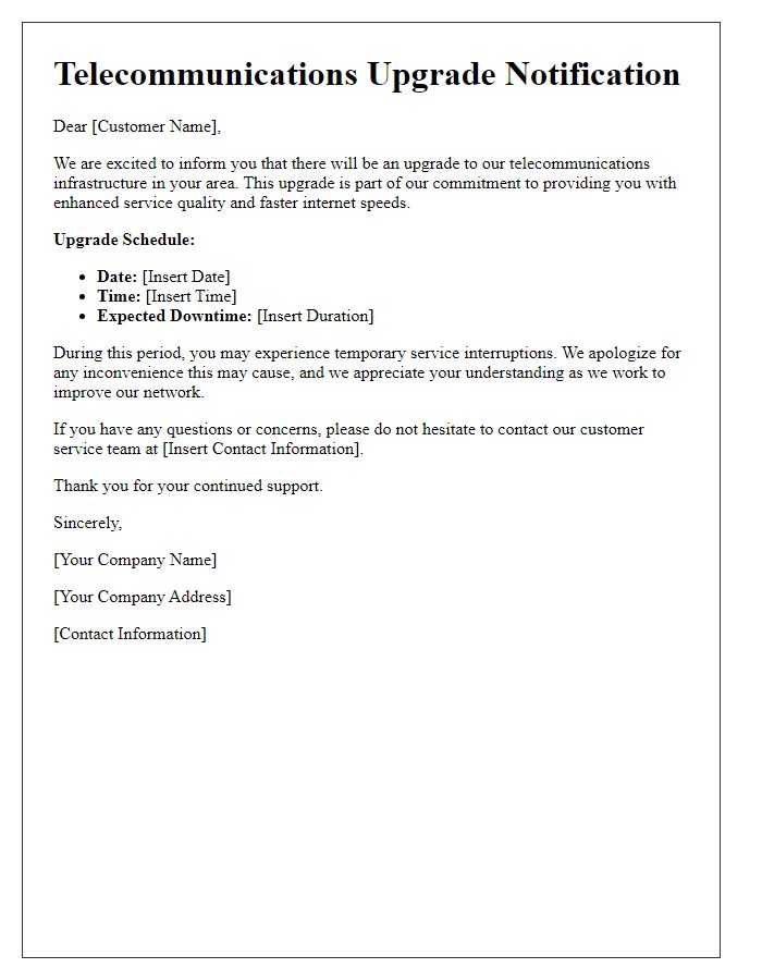 Letter template of telecommunications upgrade notification