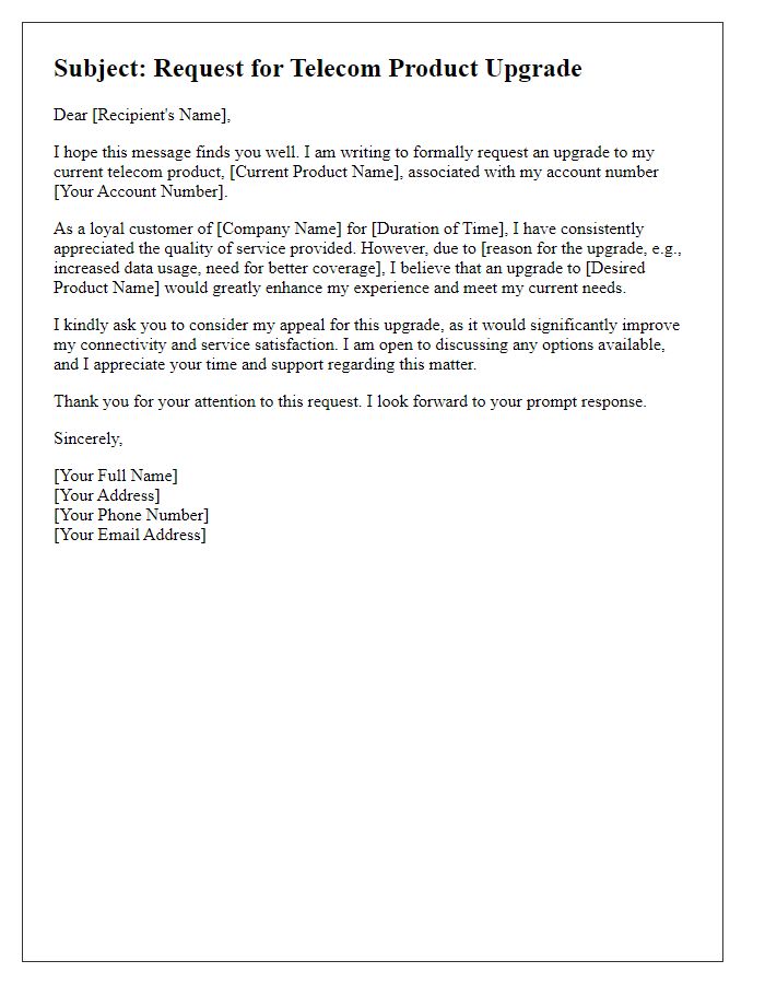 Letter template of telecom product upgrade appeal