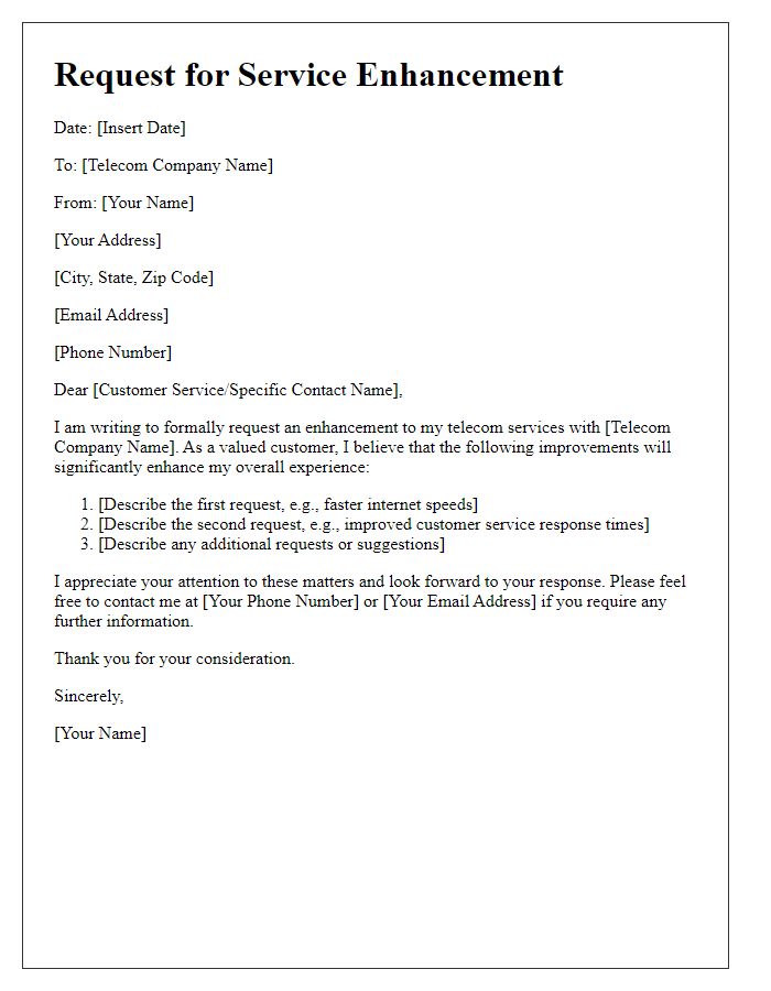 Letter template of telecom service enhancement request