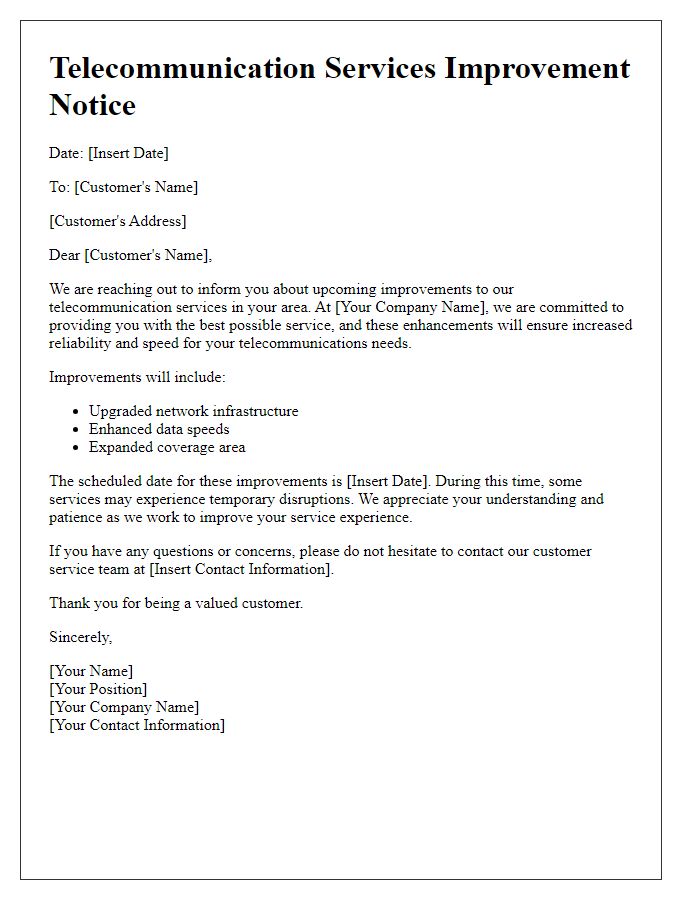 Letter template of telecommunication services improvement notice